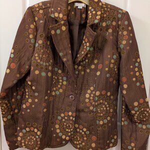 Women's medium Erin jacket, brown with multi-color circle pattern